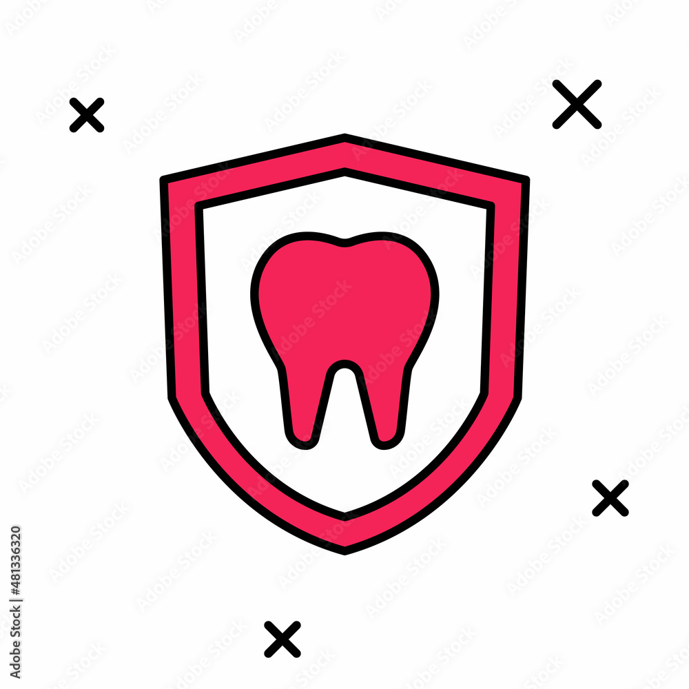 Filled outline Dental protection icon isolated on white background. Tooth on shield logo. Vector Filled outline Dental protection icon isolated on white background. Tooth on shield logo. Vector
