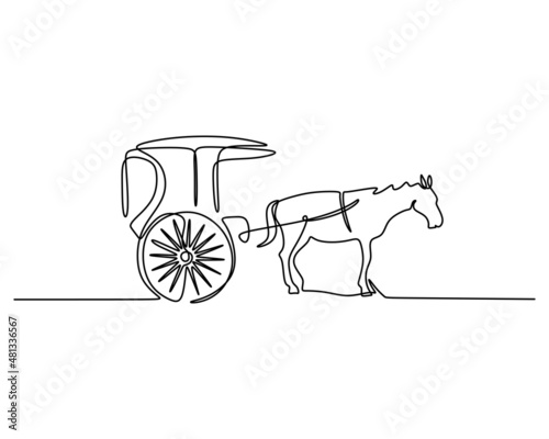 One single continuous line of wagon carriage with horse pulling it. Vintage transportation isolated on white background.