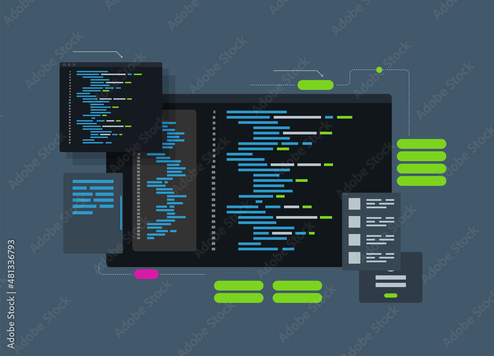 Software development and programming, program code on laptop screen, big data processing, computing isometric