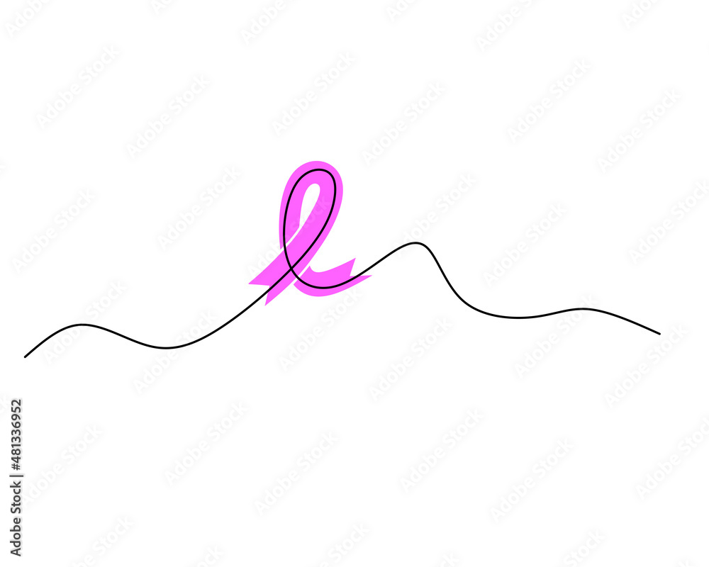 One single continuous line of purple ribbon for world cancer day isolated on white background.