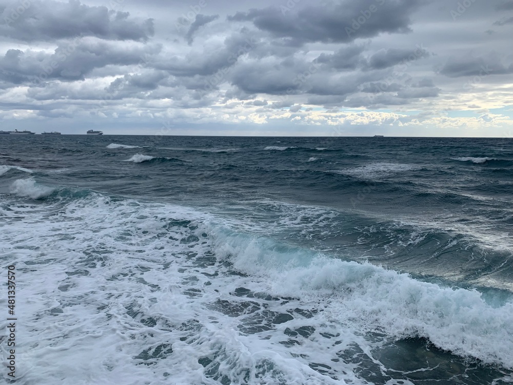 Dark sky sea horizon, natural seascape background, vivid colors