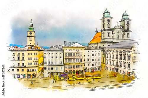The Main Square (Hauptplatz) in Linz, Austria, watercolor sketch illustration. photo