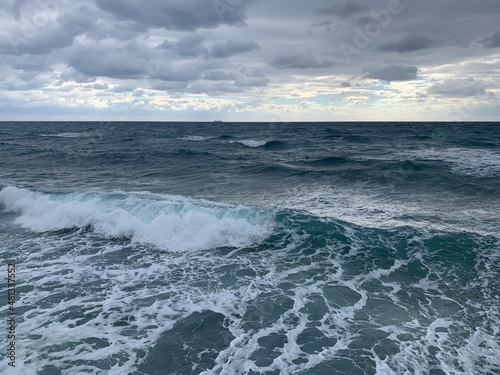 Dark sky sea horizon, natural seascape background, vivid colors