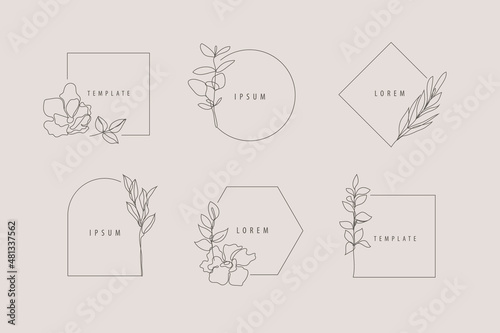 Vector set of luxury line minimalist floral frames, logo design templates and monogram concepts, linear style emblems for fashion, beauty, social net