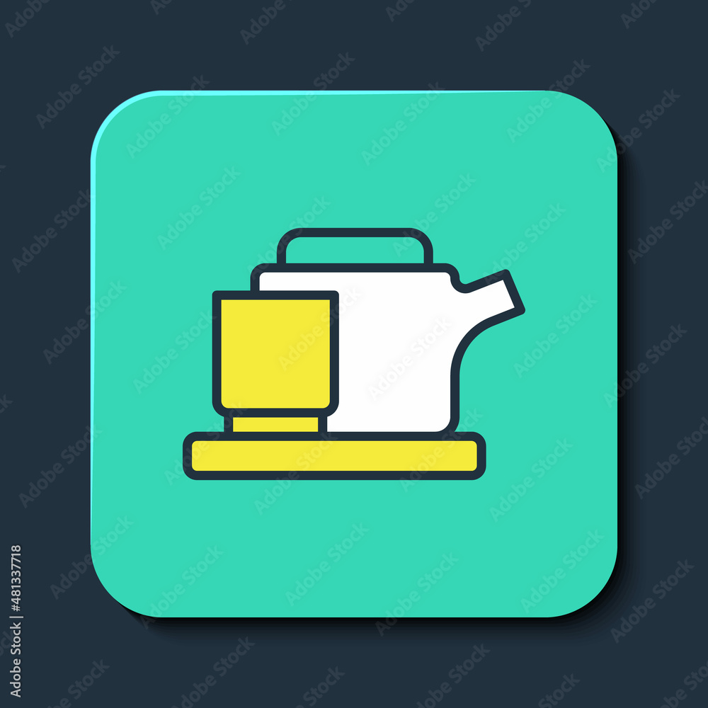 Fototapeta premium Filled outline Traditional tea ceremony icon isolated on blue background. Teapot with cup. Turquoise square button. Vector