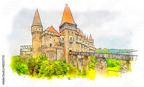 Corvin Castle, also known as Hunyadi Castle or Hunedoara Castle, a Gothic-Renaissance castle in Hunedoara, Romania. It is one of the largest castles in Europe, watercolor sketch illustration.
