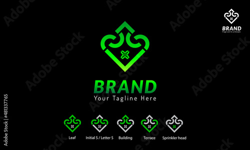 building leaf logo. building company logo with spade or leaf shape. This logo is for landscaping companies that design, build and maintain landscape landscapes. This logo focuses on green space.