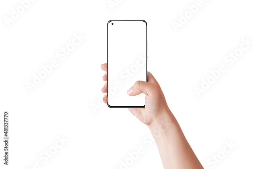 Woman hand holding smart phone and touch display with thumb finger