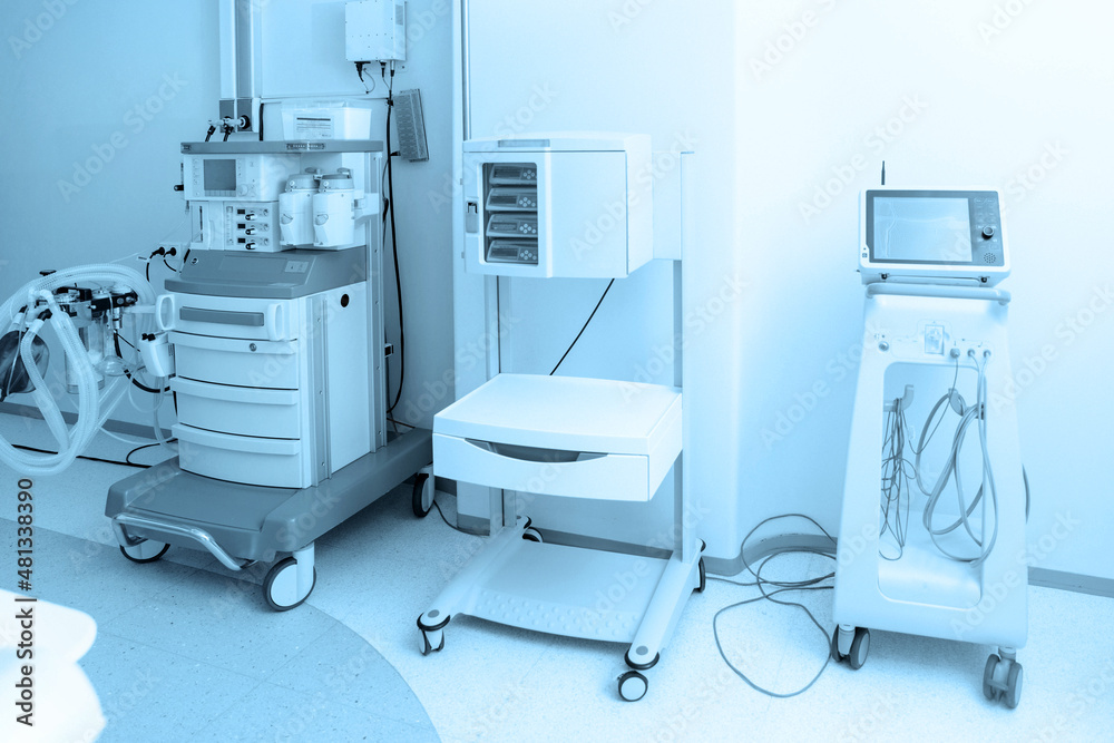 Technologically advanced equipment in CT or MRI Scan room. Modern hospital laboratory. Interior of radiography department. Magnetic resonance diagnostics machine.