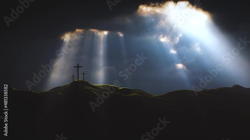 The sky over Golgotha Hill is shrouded in majestic light and clouds, revealing the holy cross symbolizing the death and resurrection of Jesus Christ.
