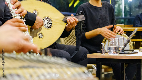 Turkish entertainment culture. Fasil night in Turkey. Turkish nights music with raki. Turkish musical instruments. arabic ethnic musical instruments. photo