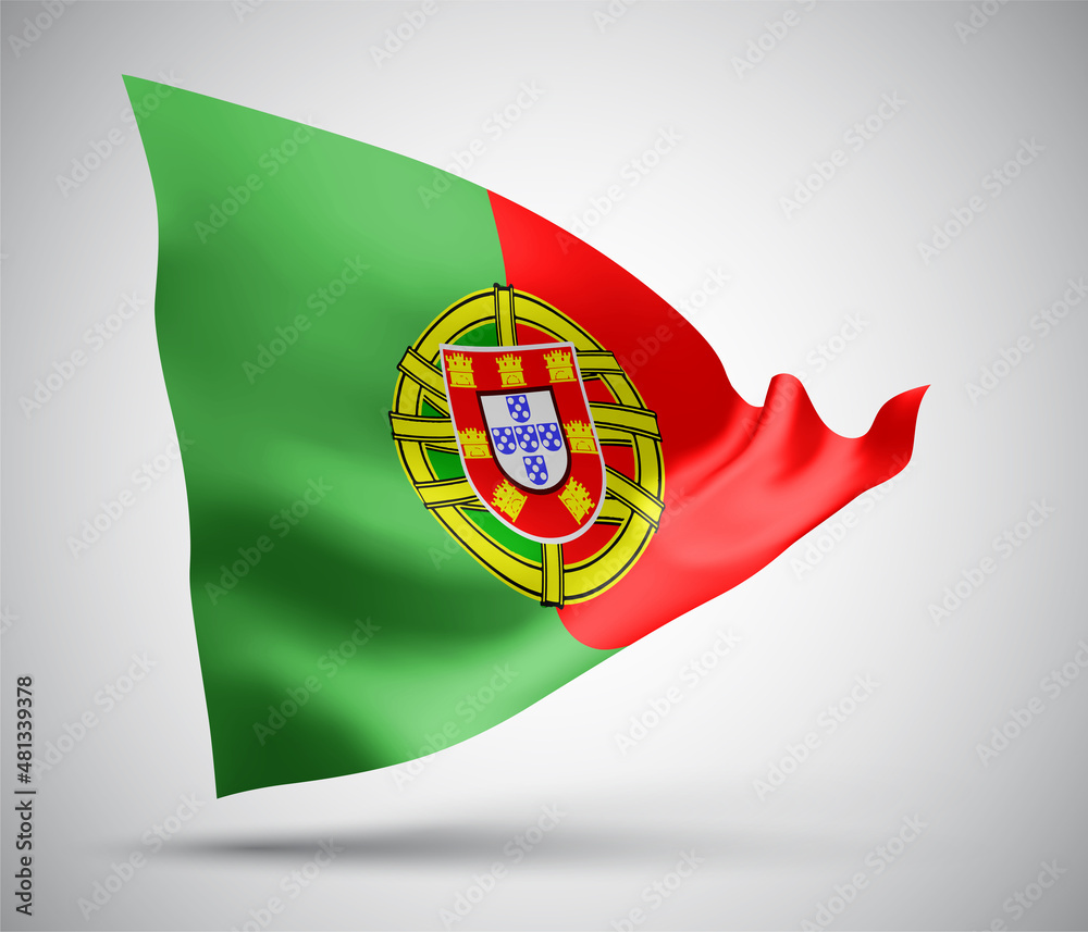 Portugal, vector flag with waves and bends waving in the wind on a white background.