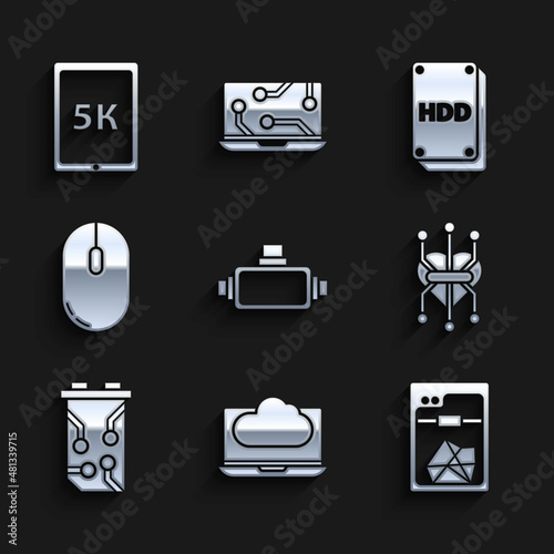 Set Virtual reality glasses, Cloud technology data transfer and storage, 3D printer, Processor, Video graphic card, Computer mouse, Hard disk drive HDD and Tablet with text 5k icon. Vector