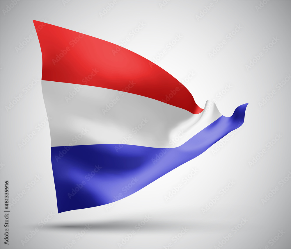 Netherlands, vector flag with waves and bends waving in the wind on a white background. Netherlands, vector flag with waves and bends waving in the wind on a white background.