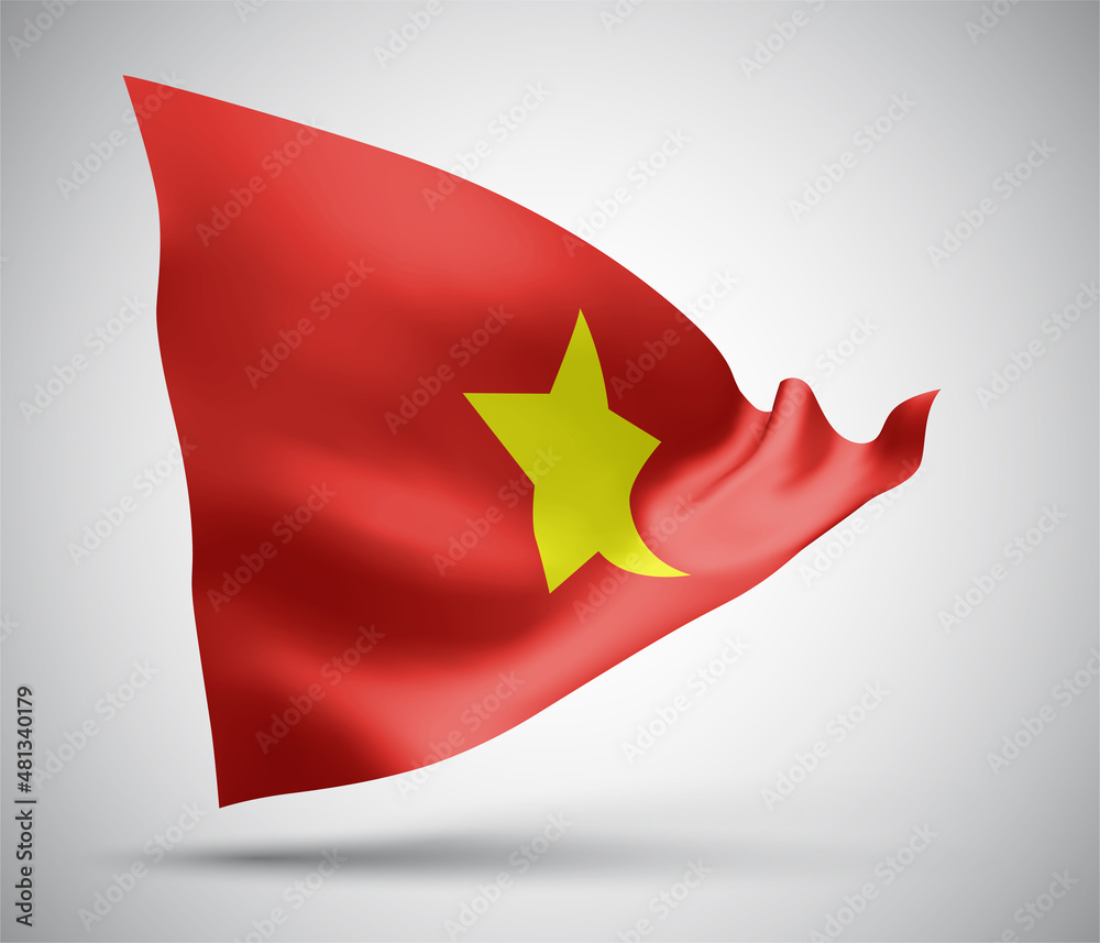 Vietnam, vector flag with waves and bends waving in the wind on a white background. Vietnam, vector flag with waves and bends waving in the wind on a white background.
