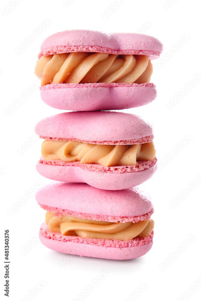 Stack of tasty heart-shaped macaroons on white background Stack of tasty heart-shaped macaroons on white background