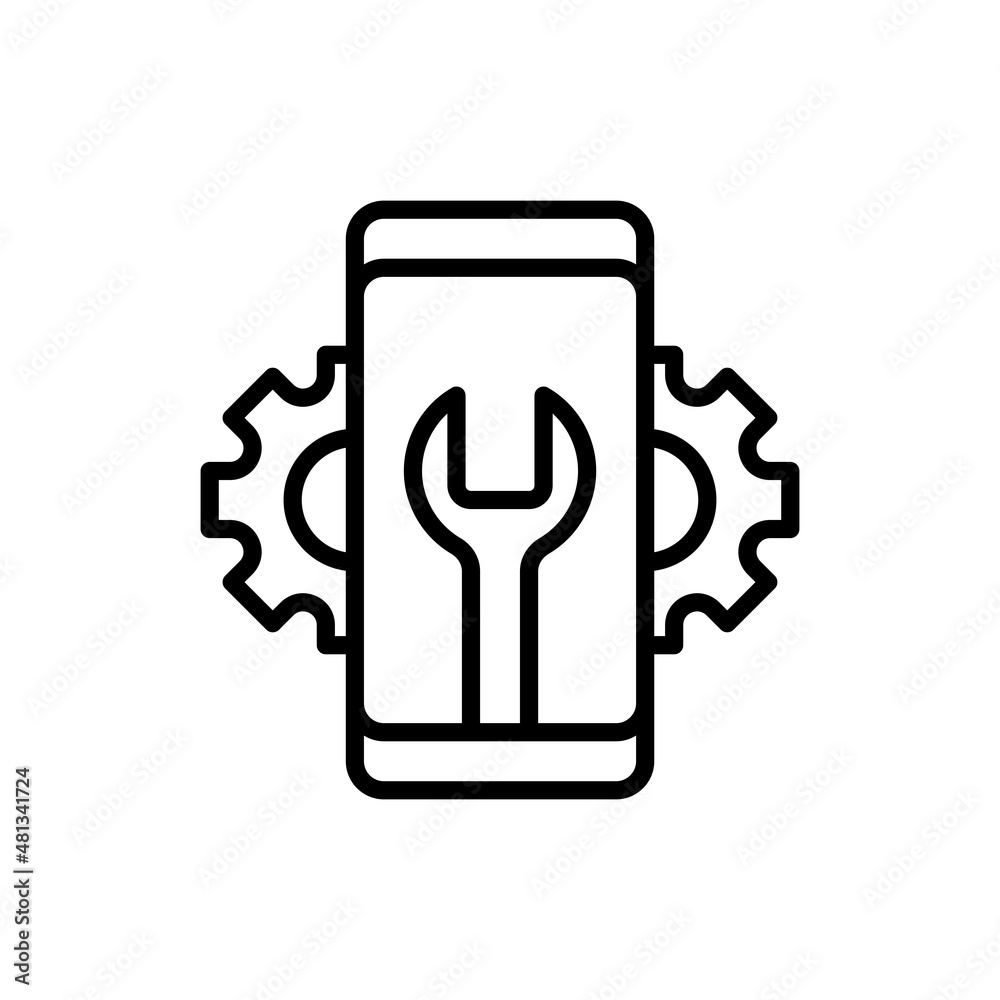 Settings for mobile app thin line icon: wrench and wheels on smartphone screen. Modern vector illustration. Settings for mobile app thin line icon: wrench and wheels on smartphone screen. Modern vector illustration.