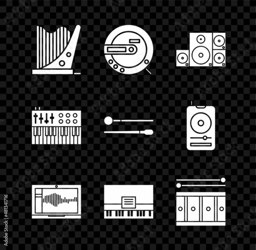 Set Harp, Music CD player, Stereo speaker, Sound or audio recorder on laptop, Piano, Drum with drum sticks, synthesizer and icon. Vector