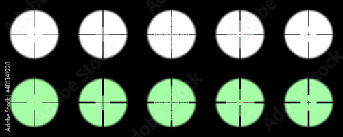 Gun viewfinder set. Sniper, hunting scope with night vision on a white background. Distance zoom. Vector illustration.