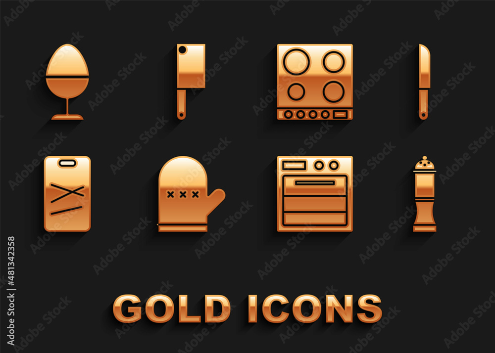 Set Oven glove, Knife, Pepper, Cutting board, Gas stove, Chicken egg on stand and Meat chopper icon. Vector Set Oven glove, Knife, Pepper, Cutting board, Gas stove, Chicken egg on stand and Meat chopper icon. Vector