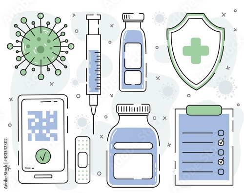Vaccine line icons set. Included icons such as vaccination, vaccinator, vaccine, certificate, COVID-19, syringe and more.