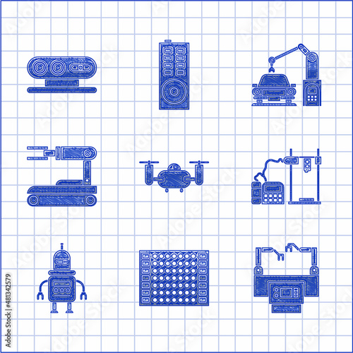 Set Drone flying with action camera, Printed circuit board PCB, Assembly line, 3D printer, Robot, Industrial machine robotic robot arm hand and 3d scanning system icon. Vector