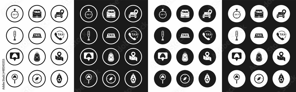 Set Map pointer with taxi, Taxi car roof, Traffic light, Stopwatch 24 hours, call telephone service, Laptop, Folded map location marker and icon. Vector Set Map pointer with taxi, Taxi car roof, Traffic light, Stopwatch 24 hours, call telephone service, Laptop, Folded map location marker and icon. Vector
