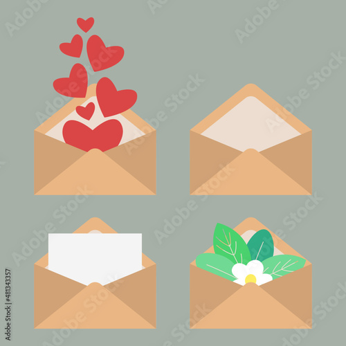 Collection of envelopes with different messages inside. Letters with hearts, blank paper, flowers, and leaves, empty envelope. 