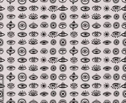 Seamless pattern Evil eye third element hand drawn.Esoteric mystic symbol,authentic icon.