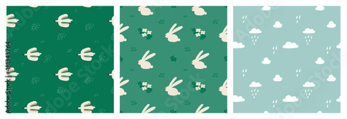 A set of spring seamless patterns. Background with abstract birds, Easter pattern with rabbits and flowers, minimalistic background with clouds and rain. Spring backgrounds. Modern vector illustration