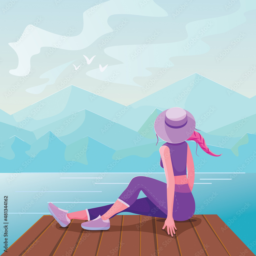 Fototapeta premium Vector illustration of a girl resting on the shore.