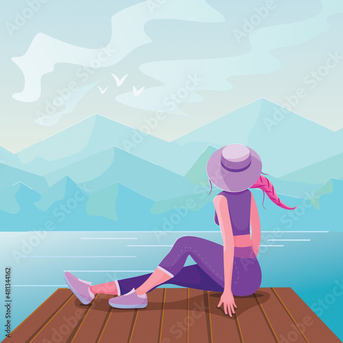 Vector illustration of a girl resting on the shore.