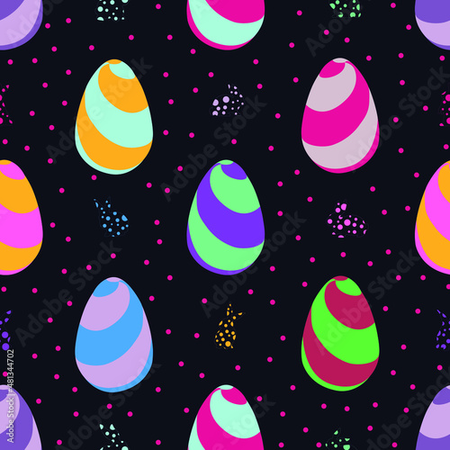 Vector seamless pattern for the holiday of Easter. Painted eggs and Easter bunnies on a dark isolated background. 