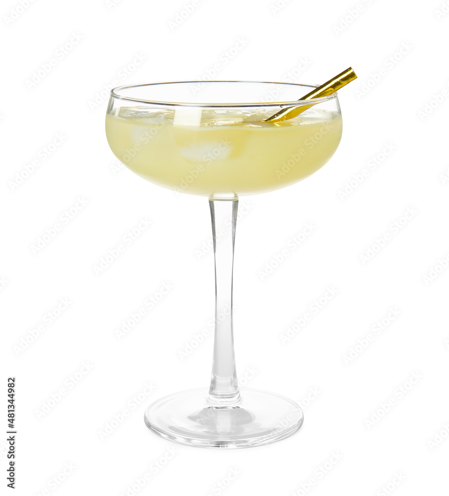 Glass of delicious bee's knees cocktail with ice and golden straw isolated on white