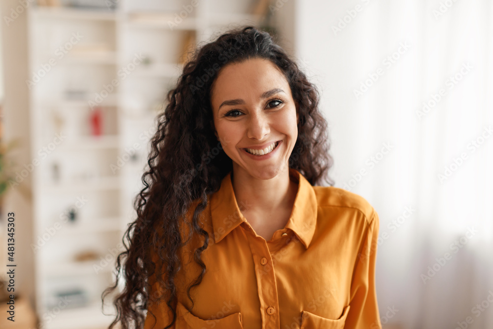 Happy Middle Eastern Businesswoman Wearing Shirt Smiling To Camera Indoors - obrazy, fototapety, plakaty 