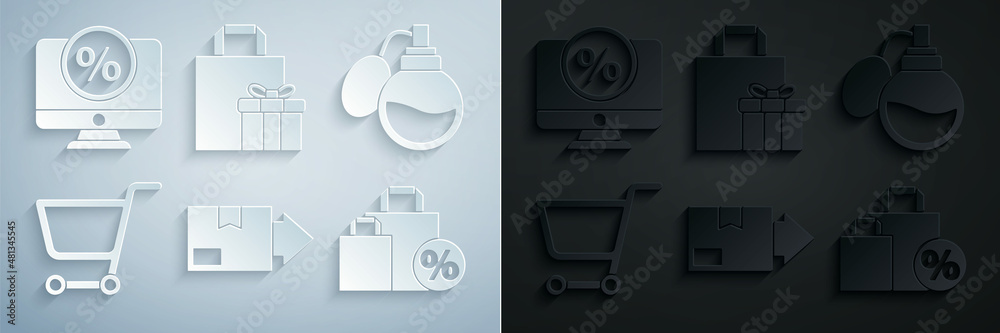 Set Carton cardboard box, Perfume, Shopping cart, Shoping bag with discount, Gift and Percent and monitor icon. Vector
