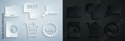 Set Add to Shopping cart, Online shopping on screen, Tablet with dollar, Price tag New, Buy button and Laptop and cursor icon. Vector