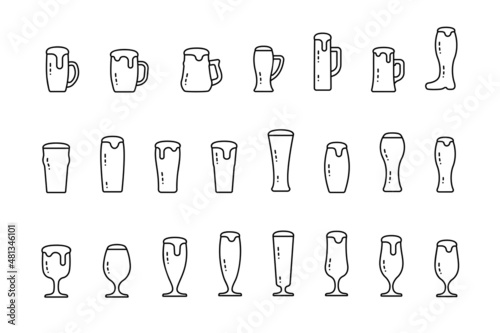 Beer with foam in beer mugs and glasses line icons. Vector