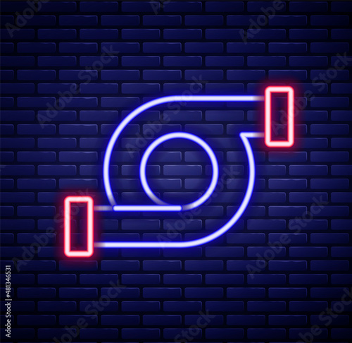 Glowing neon line Automotive turbocharger icon isolated on brick wall background. Vehicle performance turbo. Turbo compressor induction. Colorful outline concept. Vector