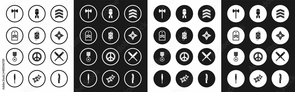 Set Military rank, dynamite stick and timer clock, Chevron, Medieval axe, Japanese ninja shuriken, Aviation bomb, Crossed baseball bat and reward medal icon. Vector Set Military rank, dynamite stick and timer clock, Chevron, Medieval axe, Japanese ninja shuriken, Aviation bomb, Crossed baseball bat and reward medal icon. Vector