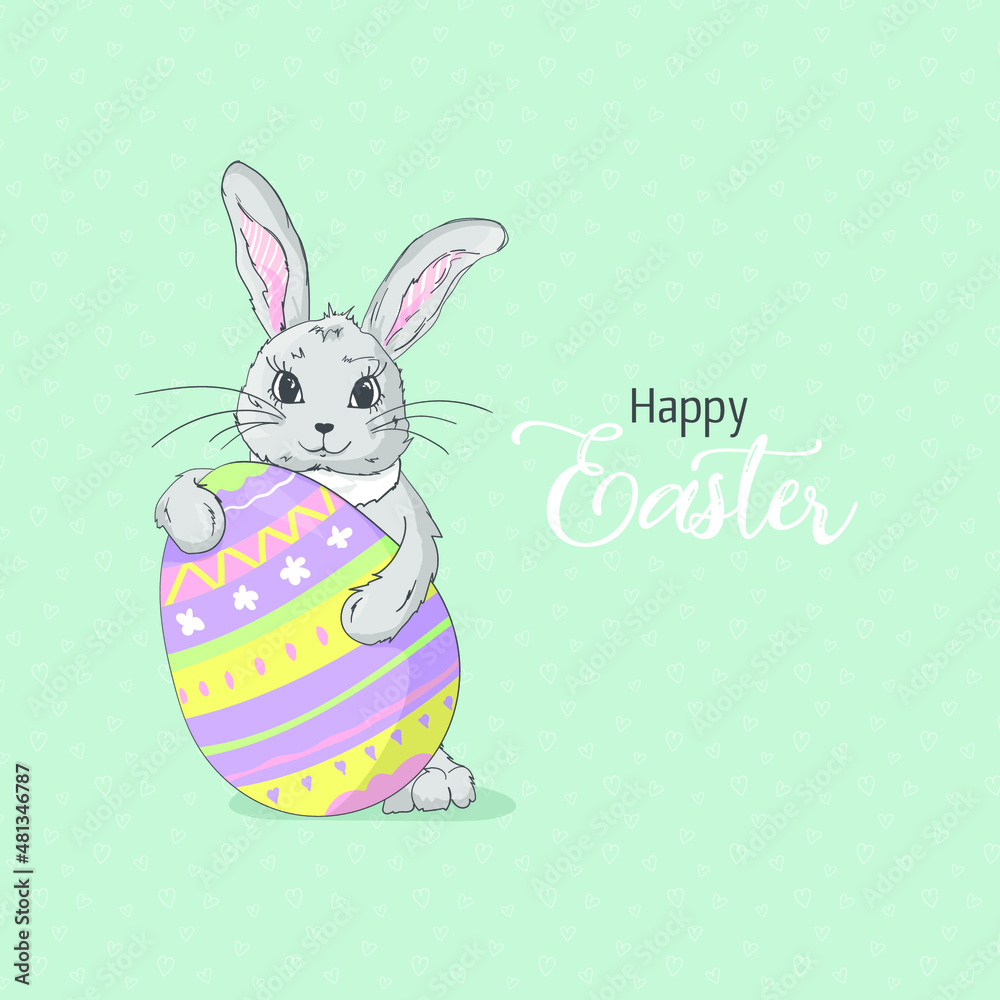 Hand drawn cute rabbit for easter with big egg. Vector illustration. Easter bunny and egg. Hand drawn cute rabbit for easter with big egg. Vector illustration. Easter bunny and egg.