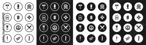 Set Military rank, dynamite stick and timer clock, Chevron, Medieval axe, Japanese ninja shuriken, Aviation bomb, Crossed baseball bat and reward medal icon. Vector