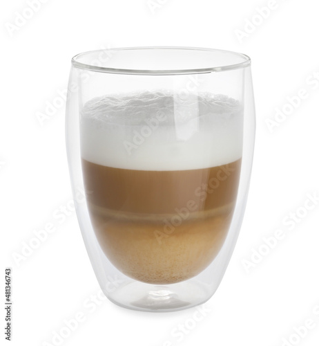 Glass cup of aromatic coffee with milk isolated on white