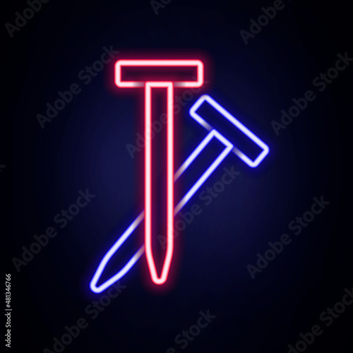 Glowing neon line Metallic nails icon isolated on brick wall background. Colorful outline concept. Vector