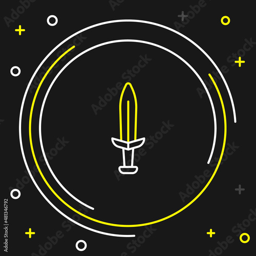 Line Medieval sword icon isolated on black background. Medieval weapon. Colorful outline concept. Vector