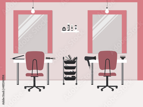 Hair salon in a pink color. Beauty salon. Interior. There are tables, chairs, mirrors, hair dryer in the image. Vector flat illustration