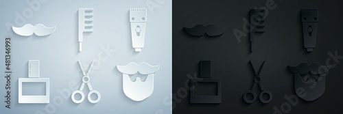 Set Scissors hairdresser, Electrical clipper shaver, Aftershave, Mustache and beard, Hairbrush and icon. Vector