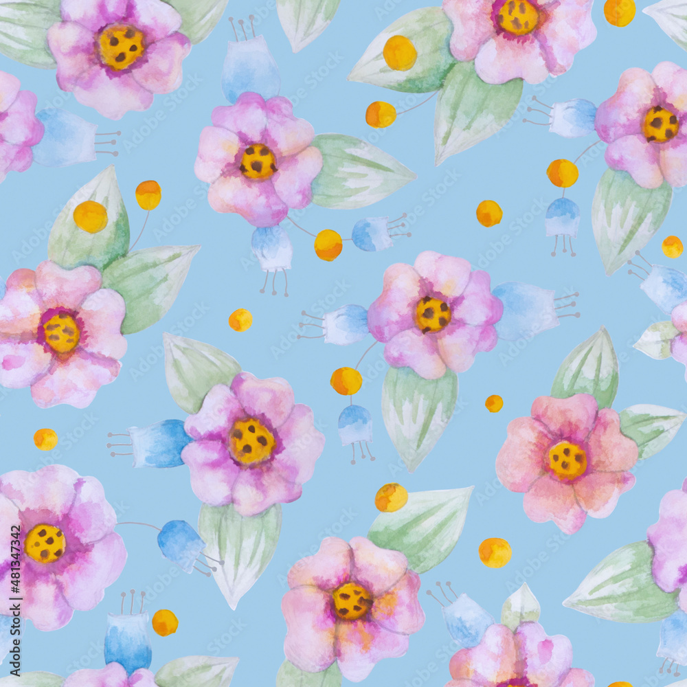 Raster illustration. Seamless pattern with pink flowers on a blue background. Watercolor drawing for printing on paper, fabric.
