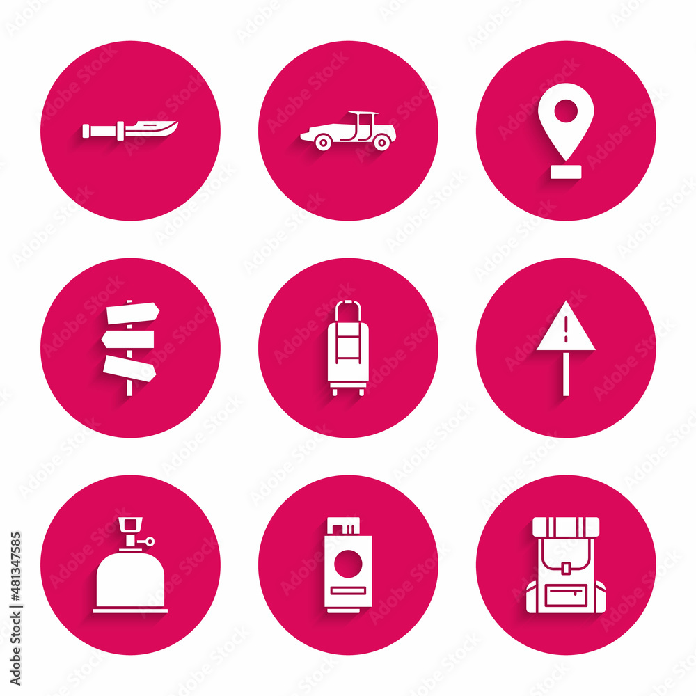 Set Suitcase, Passport with ticket, Hiking backpack, Exclamation mark triangle, Camping gas stove, Road traffic signpost, Location and knife icon. Vector Set Suitcase, Passport with ticket, Hiking backpack, Exclamation mark triangle, Camping gas stove, Road traffic signpost, Location and knife icon. Vector