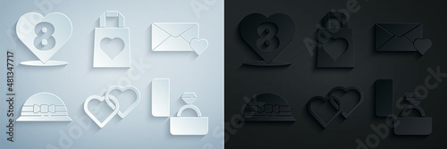 Set Two Linked Hearts, Envelope with 8 March, Elegant women hat, Diamond engagement ring, Shopping bag heart and icon. Vector